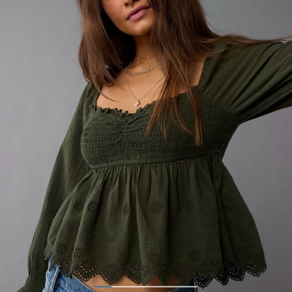 American Eagle Olive Eyelet Blouse